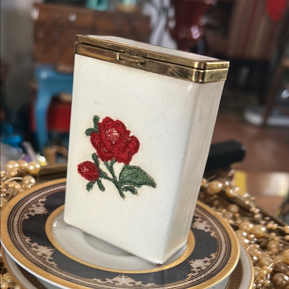 Floral Embroidered White Box with Gold Accents